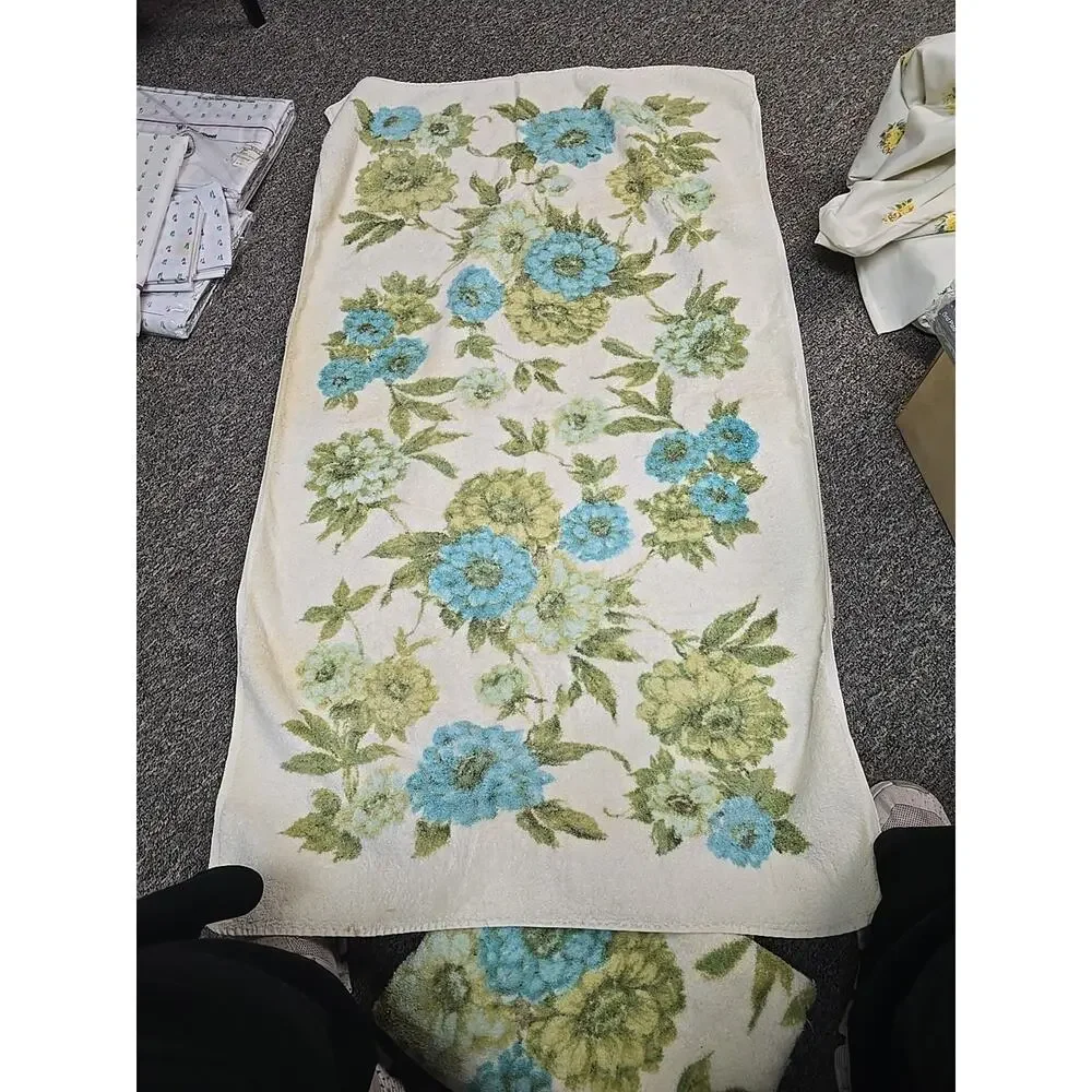 Lot of 4 Vtg MCM Springmaid Green Blue Floral 100% Cotton Bath and Hand Towels‎